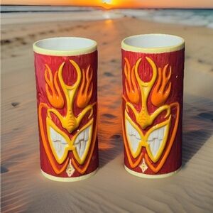 2 TIKI TUMBLERS Glass FLAME A-HUNA-RED KC CO 2015 3D RELIEF ISLAND BARWARE